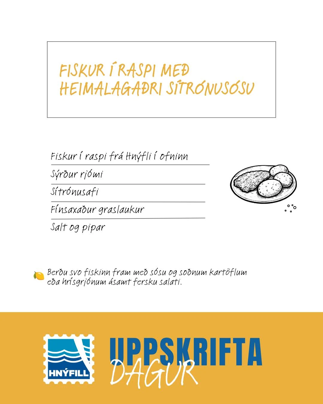 Uppskriftaspjald Hnýfils: Fiskur í raspi með sítrónusósu